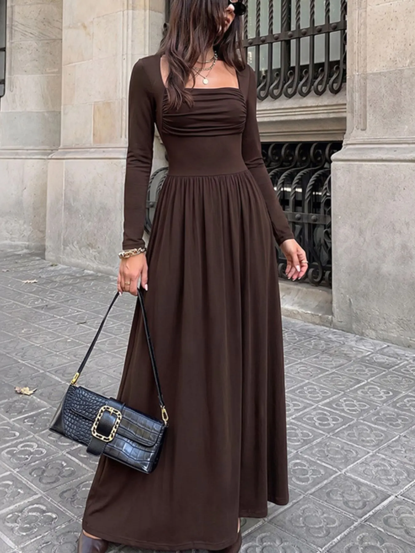 Ruched Square Neck Long Sleeve Maxi Dress