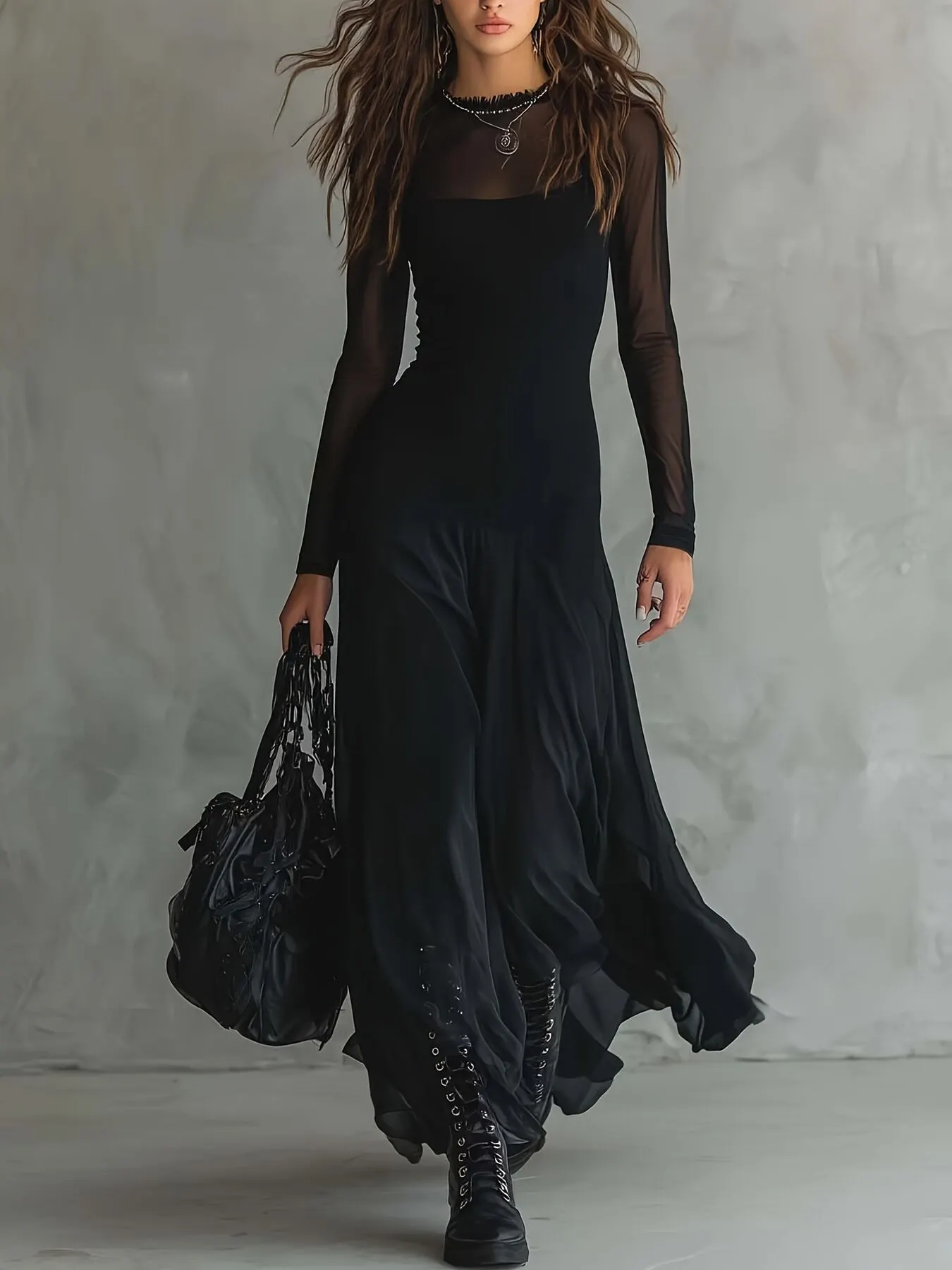 Elegant Gothic Sheer Mesh Long Sleeve Maxi Dress