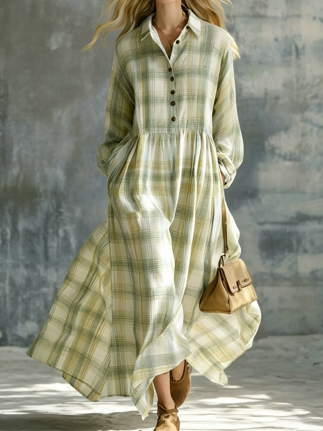 Plaid Button-Down Maxi Shirt Dress