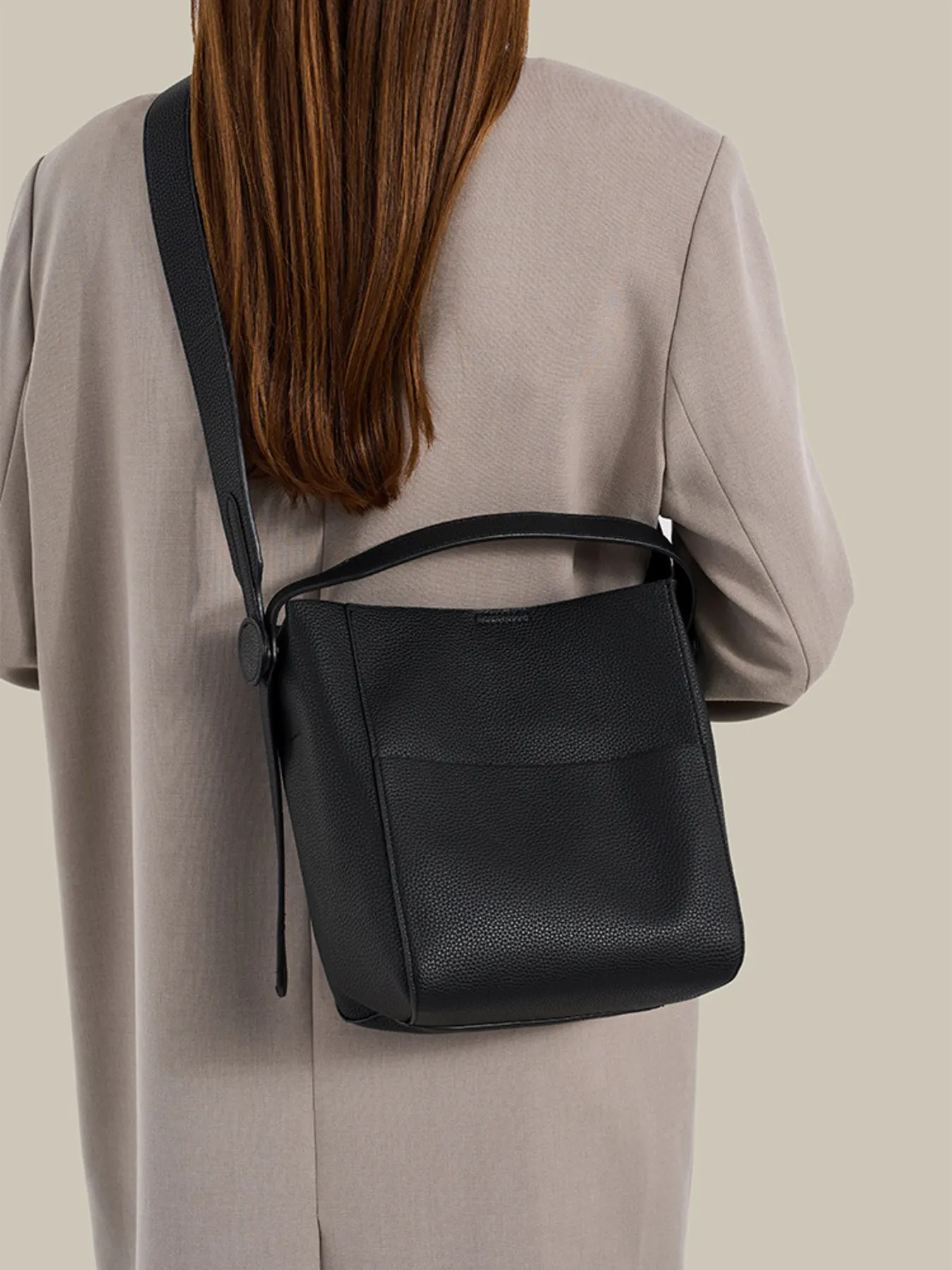Minimalist Textured Leather Bucket Crossbody Bag