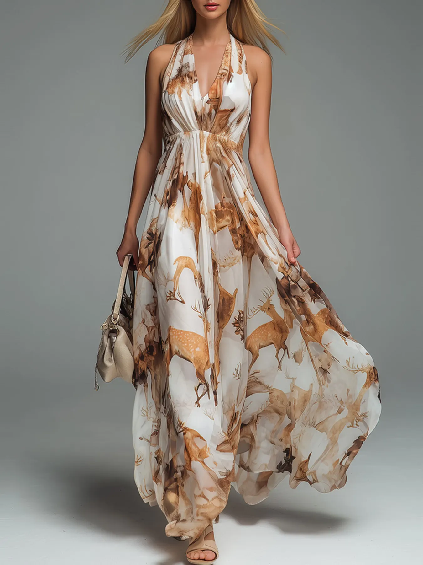 Halter Neck Printed Flowy Maxi Dress