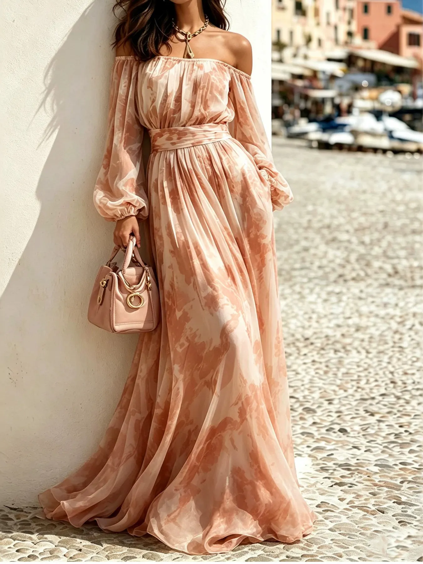 Off-Shoulder Balloon Sleeves Maxi Dress