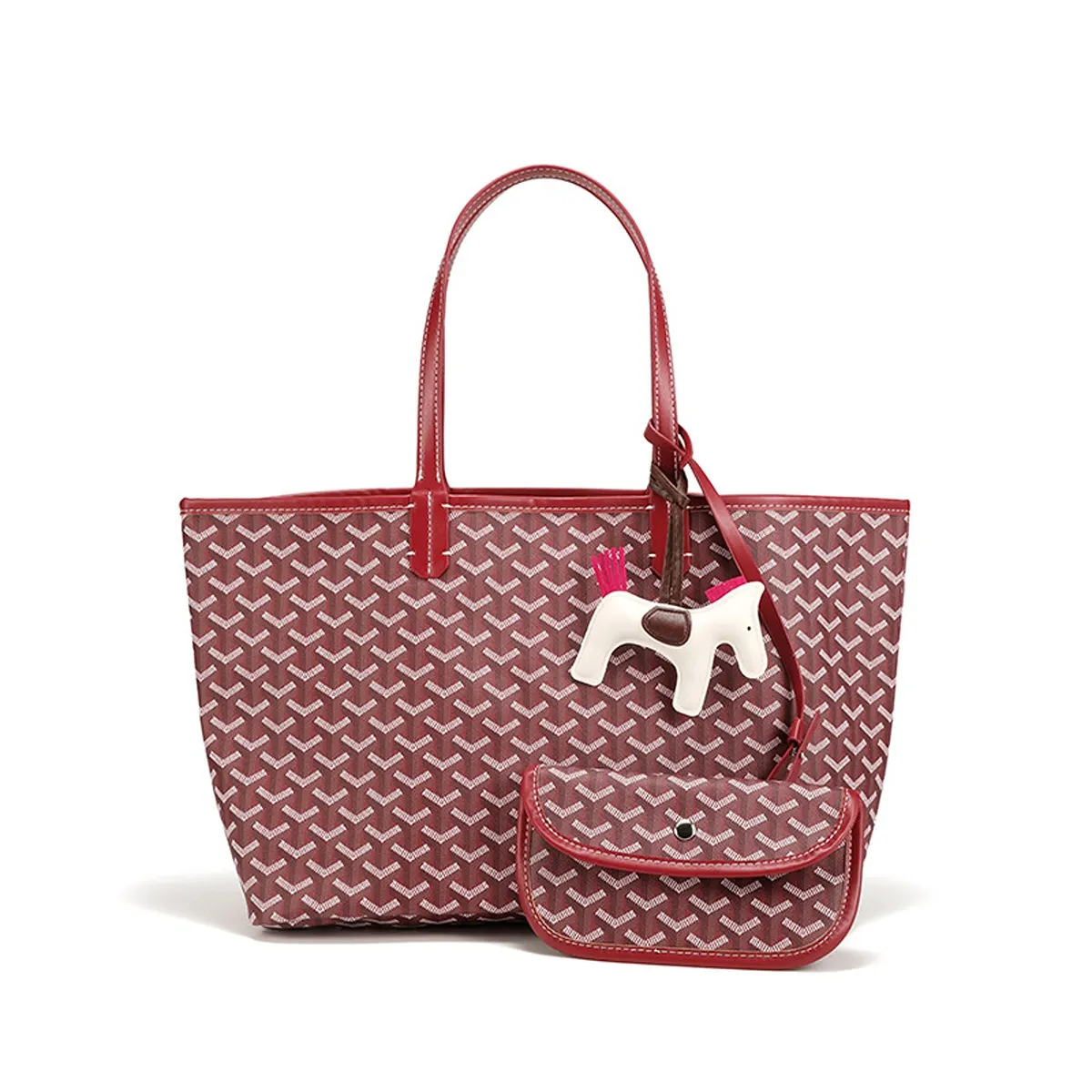 Luxury Geometric Pattern Tote Handbag with Detachable Pouch and Horse Charm